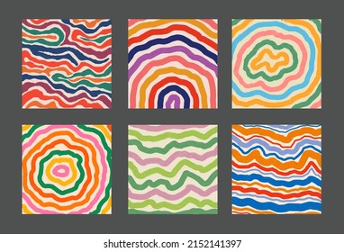 Set Of Cool Hand Drawn Abstract Colorful Brush Stripes. Retro Abstraction Psychedelic Art.