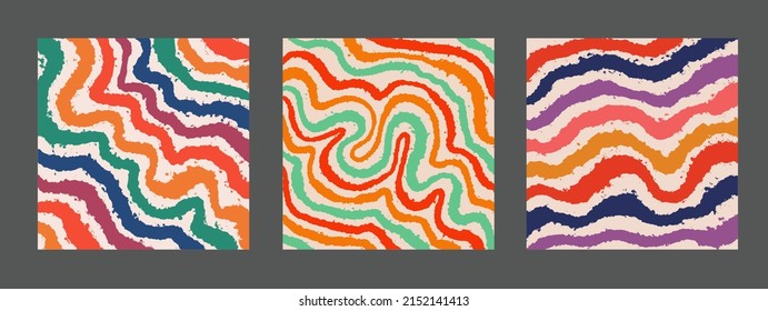 Set Of Cool Hand Drawn Abstract Colorful Brush Stripes. Retro Abstraction Psychedelic Art.