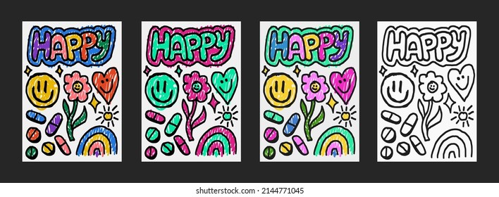 Set of Cool Hand Drawn Funny Posters Vector Design. Trendy Y2K Style Placards. Cute Emoticon Happy Characters Illustration.