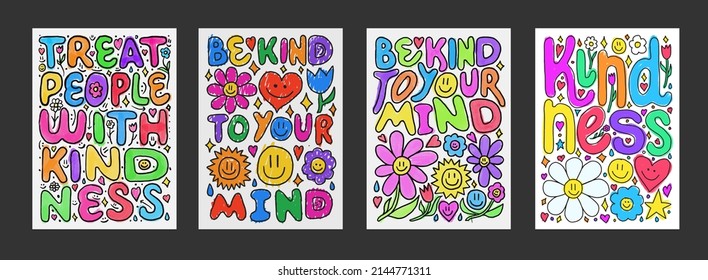 Set of Cool Hand Drawn Funny Posters Vector Design. Trendy Y2K Style Placards. Cute Emoticon Happy Characters Illustration. Kindness Children Artwork.