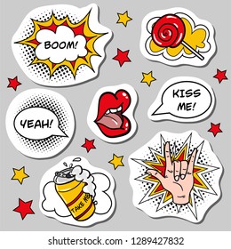 Set of cool hand drawn pop art style stickers and pins. Isolated colorful trendy illustrations. Lips, soda can, rock hand, lollipop, explosion, little stars and speech bubbles. EPS8 vector.