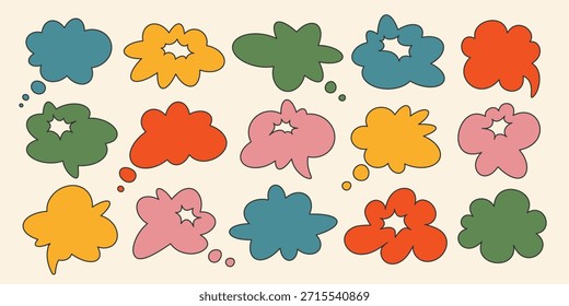 Set of cool hand drawn retro groovy speech bubbles, frames, text boxes, wavy elements, icons, abstract shapes, flowers, clouds. Flat speech bubble, frame, text box. Isolated colorful vector EPS10