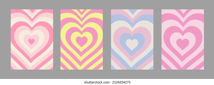 Set Of Cool Heart Geometric Abstract Backgrounds. Lovely Vibes Posters Design. Trendy Y2K Illustration. Groovy Love Bakcgrounds.
