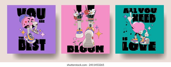 Set of cool hearts in sneakers with flowers posters. Love concept. Happy Valentines day. Funky happy heart character in trendy retro 90s cartoon style