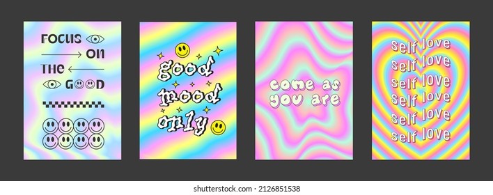 Set of Cool Holographic Groovy Backgrounds. Collection of Trendy Y2k Posters. Abstract Rainbow Backdrop.