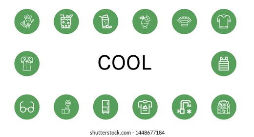 Set of cool icons such as Superhero, Cocktail, Shirt, Glasses, Like, Fridge, T shirt, Cold water , cool