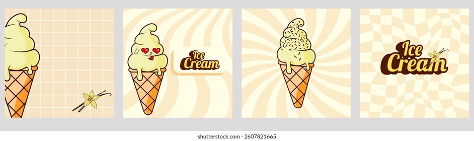 A set of cool illustrations in groovy vanilla ice cream style with waffle cones and fun retro backgrounds. Perfect for summer branding, social media posts, packaging, kids designs, flyers and posters.