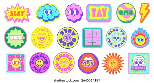 Set Of Cool Kawai Stickers Vector Design. Collection Of Pop Art Cute Y2k Cartoon Patches.