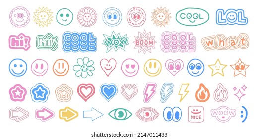 Set Of Cool Linear Hand Drawn Stickers Vector Design. Collection of Y2K Patches. Trendy Smile Emotion Funny Characters.