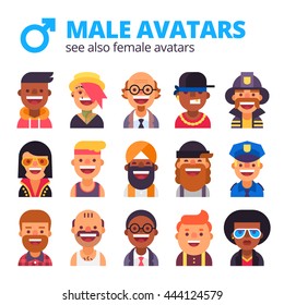 Set of  cool male avatars. Different skin tones, clothes and hair styles. Modern and simple flat design. 