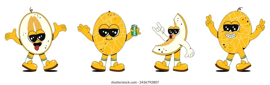 Conjunto de personajes de melón fresco en diferentes poses. Estilo de moda retro groovy. Mascotas para un bar, restaurante, cafetería, mercado.