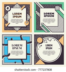 Set of cool memphis style cards. Collection of geometric flyers. Retro templates for banners, advertising, posters and greeting cards. Vector.