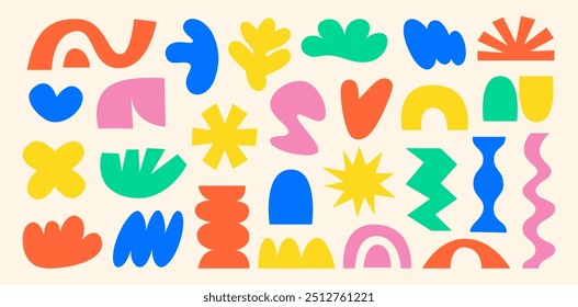 Set of cool minimalistic hand drawn abstract Y2k groovy shapes, stickers, flowers, arches, stars, wavy elements. Flat brutal geometric frame. Colorful futuristic design. Vector EPS10