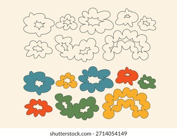 Conjunto de Elementos ondulados, íconos, Formas, flores, nubes, pegatinas retro Y2k abstracto dibujado a mano minimalista fresco. Burbuja de discurso plano, marco, cuadro de texto. Diseño futurista colorido. Vector EPS10