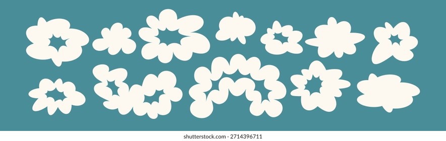 Conjunto de elemento ondulado groovy abstracto Y2k retro dibujado a mano minimalista fresco, icono, forma, flor, nube, pegatina. Burbuja de discurso blanco plano aislado, marco, cuadro de texto. Vector EPS10