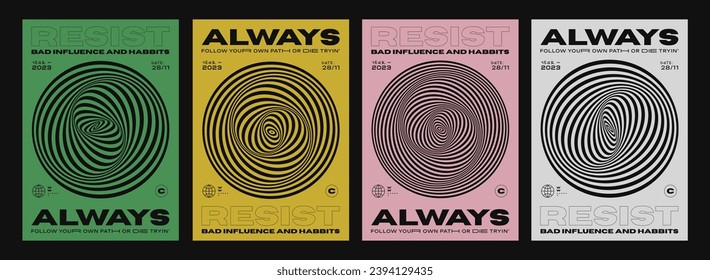 Set Of Cool Optical Illusion Circle Shape Posters. Collection Of Abstract Geometric Elements. Modern Cover Texture. Swiss Design Style.