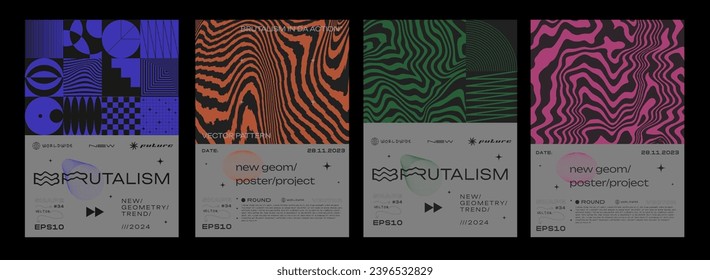 Set Of Cool Optical Illusion Striped Posters. Collection Of Abstract Geometric Elements. Modern Cover Texture. Swiss Design Style.