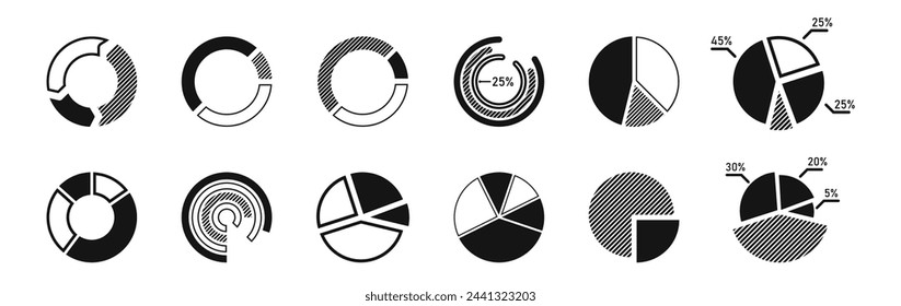 Set of cool pie chart, visual chart. Statistics and analytics vector icon.  Statistics, data, falling and pie chart icons set