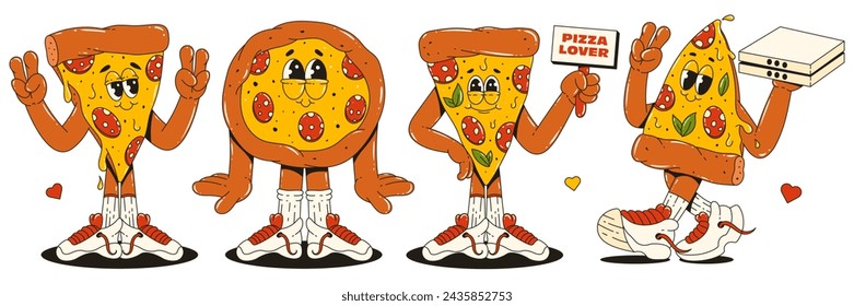 Un conjunto de personajes de pizza cool en zapatillas de deporte y varias poses. Estilo moderno retro groovy. Mascotas para bar, restaurante, cafetería.