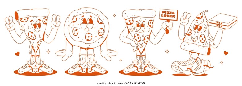 Eine Reihe von coolen Pizzafiguren in Sneakers und verschiedenen Posen in einer monochromen Palette. Trendiger Retro-Groovy-Stil. Maskottchen für Bar, Restaurant, Café.