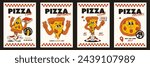 A set of cool pizza posters. Trendy retro groovy character style. Pizza delivery. Brochures for restaurants, pizzerias, cafes.