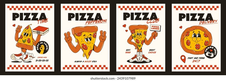 A set of cool pizza posters. Trendy retro groovy character style. Pizza delivery. Brochures for restaurants, pizzerias, cafes.