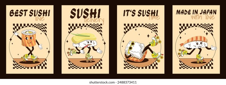 A set of cool posters for decorating restaurants and bars in the style of the 60s and 70s. Delivery of sushi rolls. Fashionable retro style.