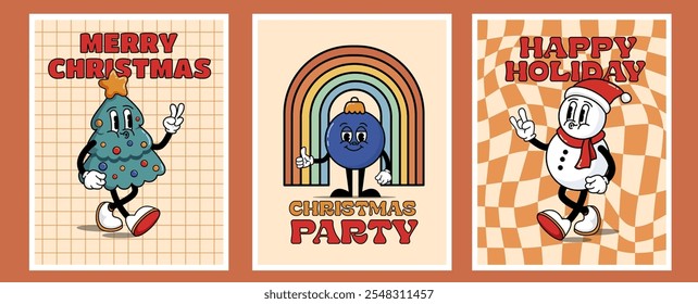 Set of cool retro cards with characters. Cool hippie Christmas.Cool and bright greeting card,Merry Christmas,Christmas party, happy holiday poster, print, party invitation, background.