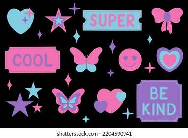 Set of cool retro girly stickers. Vector illustration in y2k style.