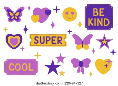 Set of cool retro girly stickers. Vector illustration in y2k style.