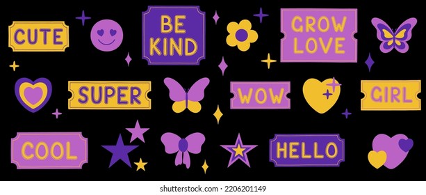 Set of cool retro girly stickers. Vector illustration in y2k style.