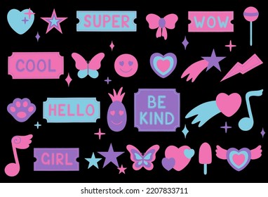 Set of cool retro girly stickers. Vector illustration in y2k style.
