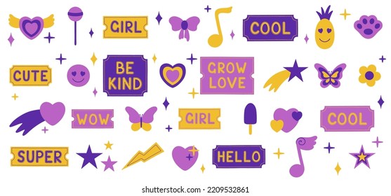 Set of cool retro girly stickers. Vector illustration in y2k style.