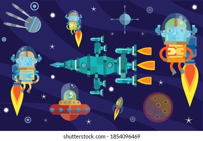 a set of cool retro rockets and colorful space people
