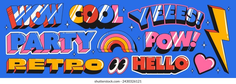 A set of cool retro stickers with comic book style words. 