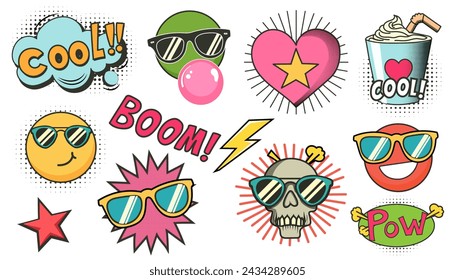 A set of cool retro stickers in comic book style. Elements for design, mood. Pop art Vector illustration