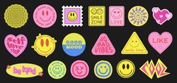 Set Of Cool Retro Stickers Vector Design. Trendy Cute Smile Patches. 