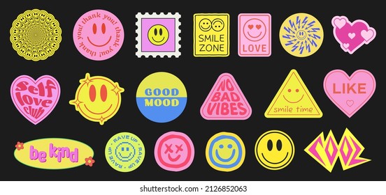 Set Of Cool Retro Stickers Vector Design. Trendy Cute Smile Patches.  - Shutterstock ID 2126852063