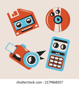 Set Of Cool Retro Stickers Vector Design. Trendy Cute Smile Patches.