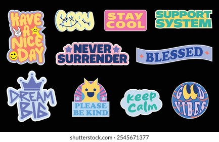 Set Of Cool Retro Stickers Vector Design. Stickers Collection OF Groovy Patches. Pop Art Stickers Pack. Character Comic Sticker.