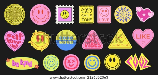 Set Of Cool Retro Stickers Vector Design. Trendy Cute\
Smile Patches. 