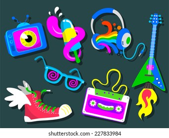 Set of cool retro vector cartoon icons