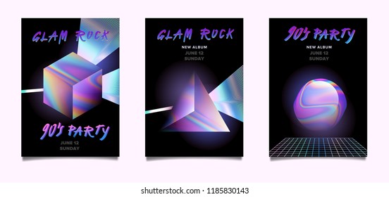 Set of cool retrofuturistic posters for 70's-90's Glam rock theme party (postmodern retrowave mixed styles and aethetics of retro and futuristic techno style). Vaporwave/ synthwave/ cyberpunk style.