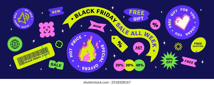 Conjunto de adesivos Cool Sale Pixel Black Friday para negócios. Elementos geométricos para venda em loja, cartazes, banner, mídia social. Retro oferecer Y2k estilo moderno. publicidade. Crachá futurista