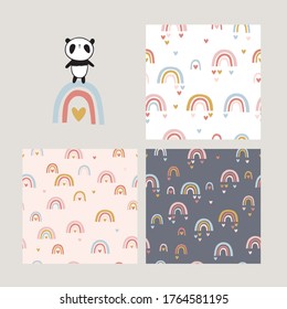Set von coolen nahtlosen Mustern für Kinder Textilien, Wallpaper, Geschenkpackung und Scrapbook mit Regenbogen und Herzen. Frisch panda und Regenbogen. Vektorgrafik.	