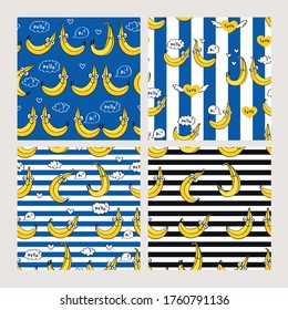 Set of cool seamless patterns with hand drawn cute bananas for fashion, wallpapers, print, textile, gift wrap and scrapbook. Vector illustration.