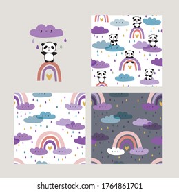 Set of cool seamless patterns for kids textile, wallpapers, gift wrap and scrapbook. Hand drawn cute pandas on rainbows. Vector illustration.