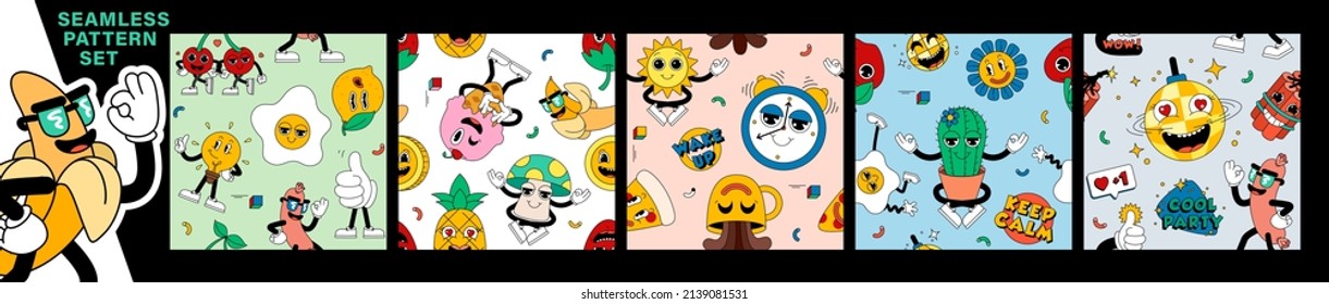 Set of cool seamless retro cartoon stickers with funny comic characters, gloved hands. Backgrounds with cute hand-drawn comic characters.