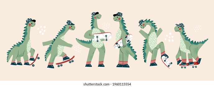 Set of cool skateboard dinosaur Collection of active skating dino boy. Clipart of summer sport of cute animals. Hand drawing cool dinosaur cartoon vector illustration for child isolated on background