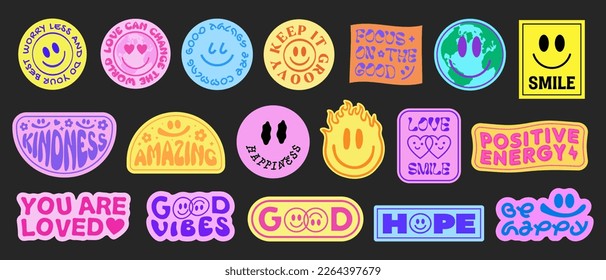 Set Of Cool Smile Pop Art Stickers. Y2K Trendy Patches Vector Design. Groovy Badges.